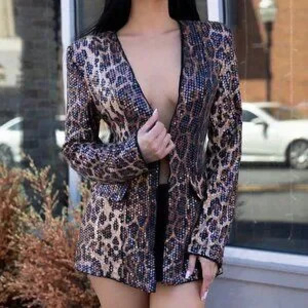 ZARA Brown Sexy Women's leopard Print Sequin Blazer Jacket
